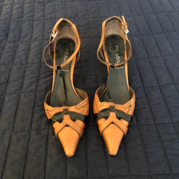 Prada Shoes - Prada Brown/Black Kitten Heel Ankle Strap Sandals